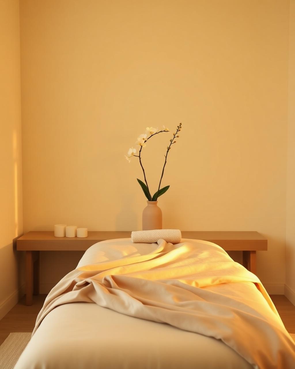 Calm Korean spa treatment room with warm light