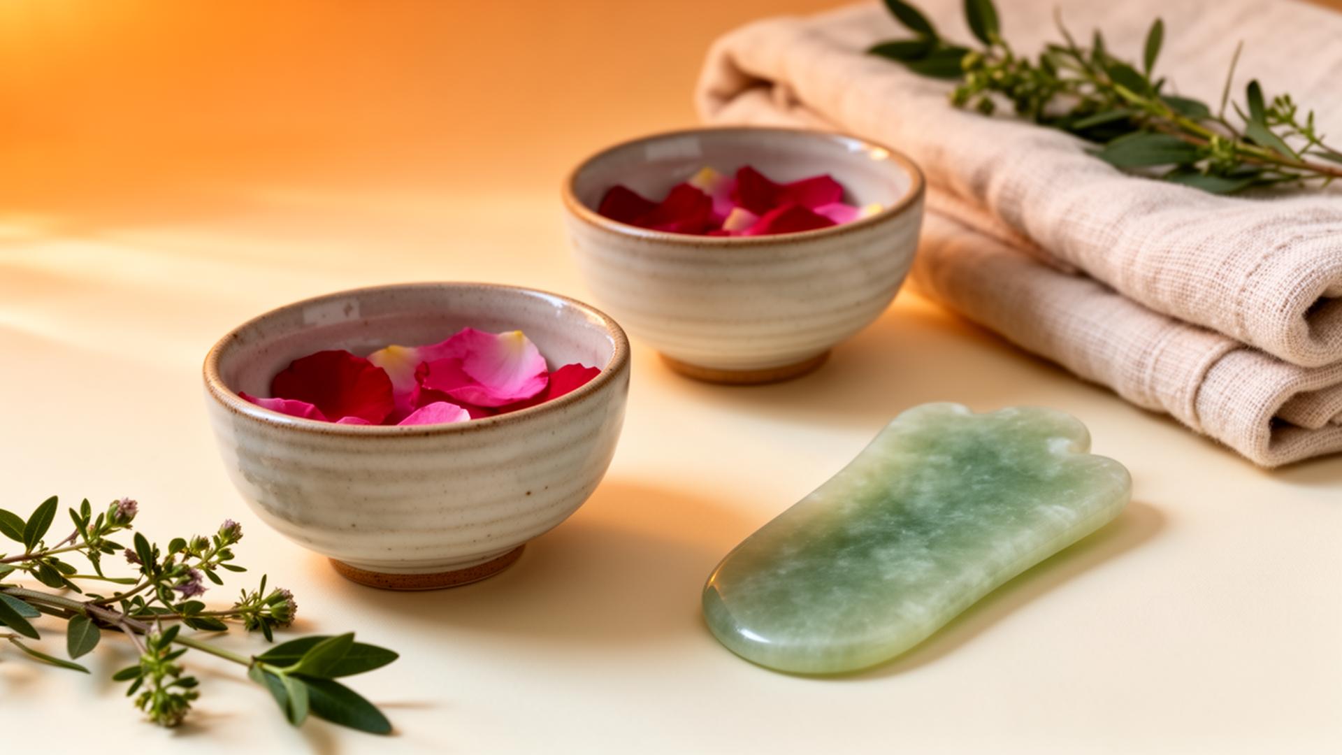 Korean wellness ritual with jade gua sha and botanicals